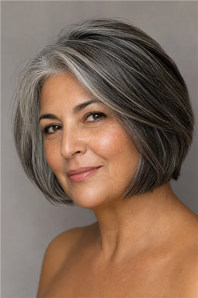 25 Flattering Short Haircuts for Women Over 50 Round Faces 20 Salt-and-pepper bob with babylights — mid-transition gray blending for women over 50