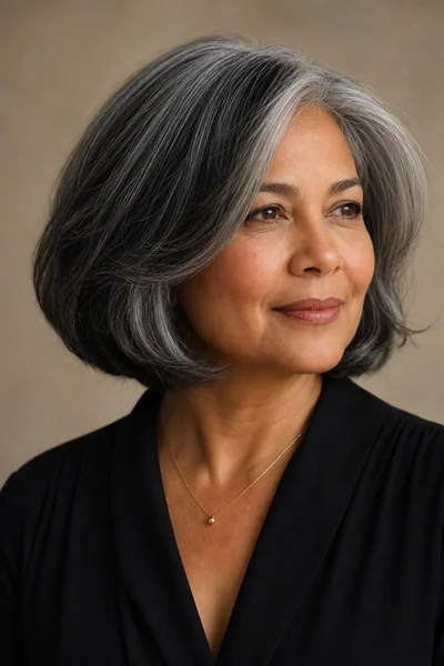 Salt-and-pepper bob with soft internal layers on thick hair — flattering mature women's haircut