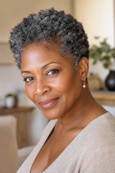 35 Short Haircuts for Black Women Over 50 That Look Stunning in 2026 26 Salt-and-pepper curly crop for Black women over 50 — 4b coils, gray blends with natural color during transition