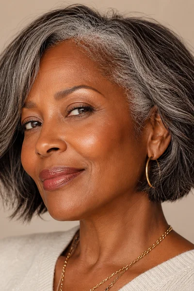 Salt-and-pepper textured bob for women over 50 — texture blends gray regrowth with remaining color