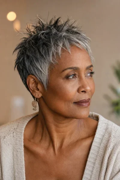 Salt-and-pepper pixie haircut with textured choppy layers — blending gray transition cut