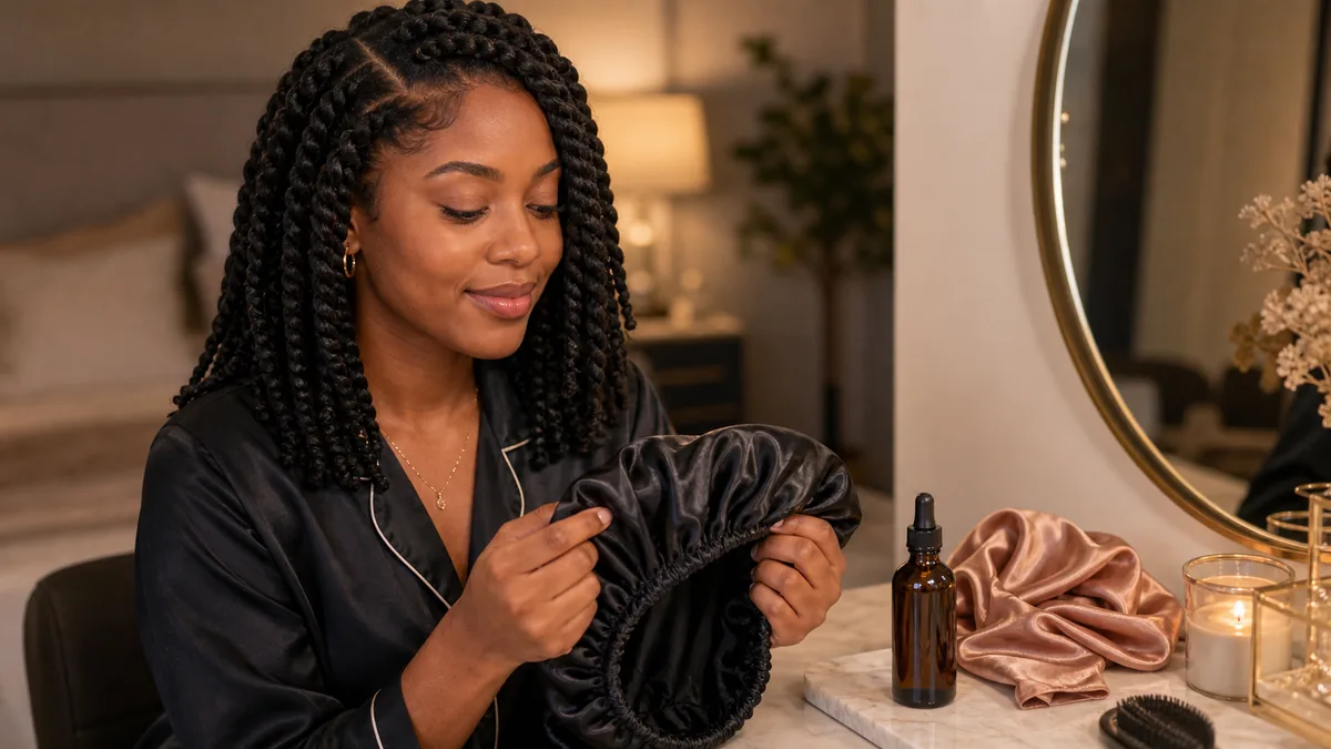 15 Protective Hairstyles for Natural Hair That Promote Growth 20 Satin bonnet and scalp oil used to maintain a protective hairstyle overnight