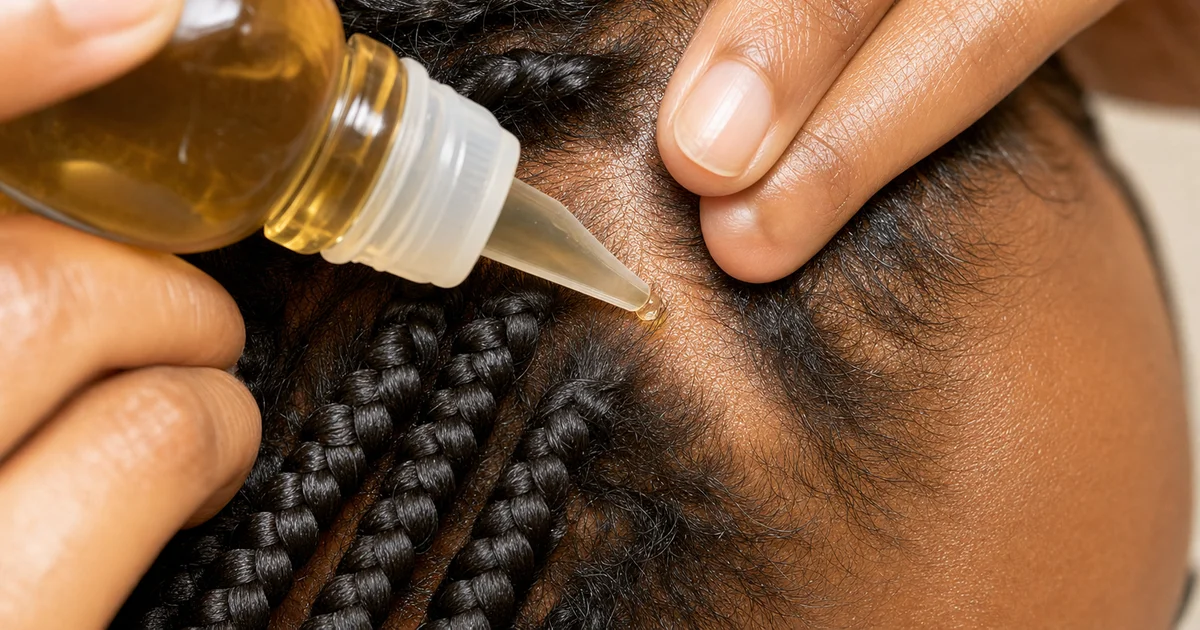 Lightweight scalp oil applicator bottle being applied between braid parts for hydration