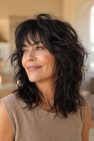 12 Flattering Short Haircuts With Bangs for Women Over 50 9 Shag haircut with wispy layered bangs for thick wavy hair