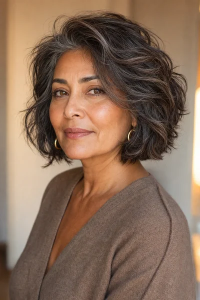 Shaggy bob with center-parted curtain bangs on thick hair for round and square faces