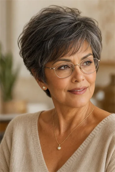 12 Flattering Short Haircuts With Bangs for Women Over 50 15 Woman over 50 with short haircut, wispy bangs, and glasses—no visual clutter