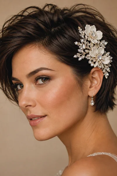 short bridal hairstyle styled with statement floral hair clip for modern weddings