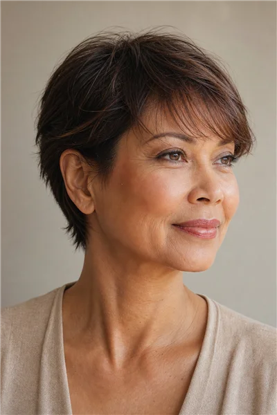 short crop with wispy side bangs for fine hair — point-cut bangs create softness without weight