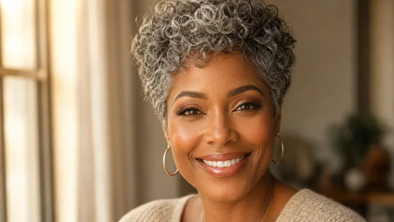 short curly gray pixie cut for women over 50 — easy wash-and-go hairstyle with silver hair