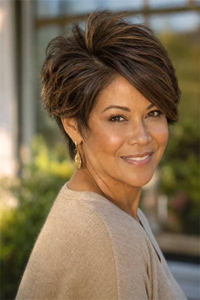 short feathered haircut with side part for fine hair — deep side part creates root volume