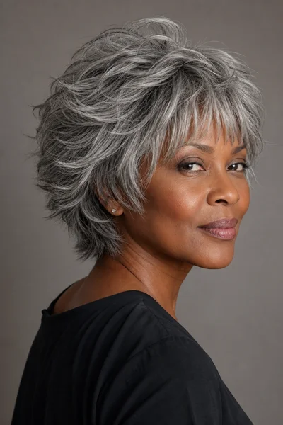 Close-up of short gray shag haircut with heavy layering and face-framing pieces
