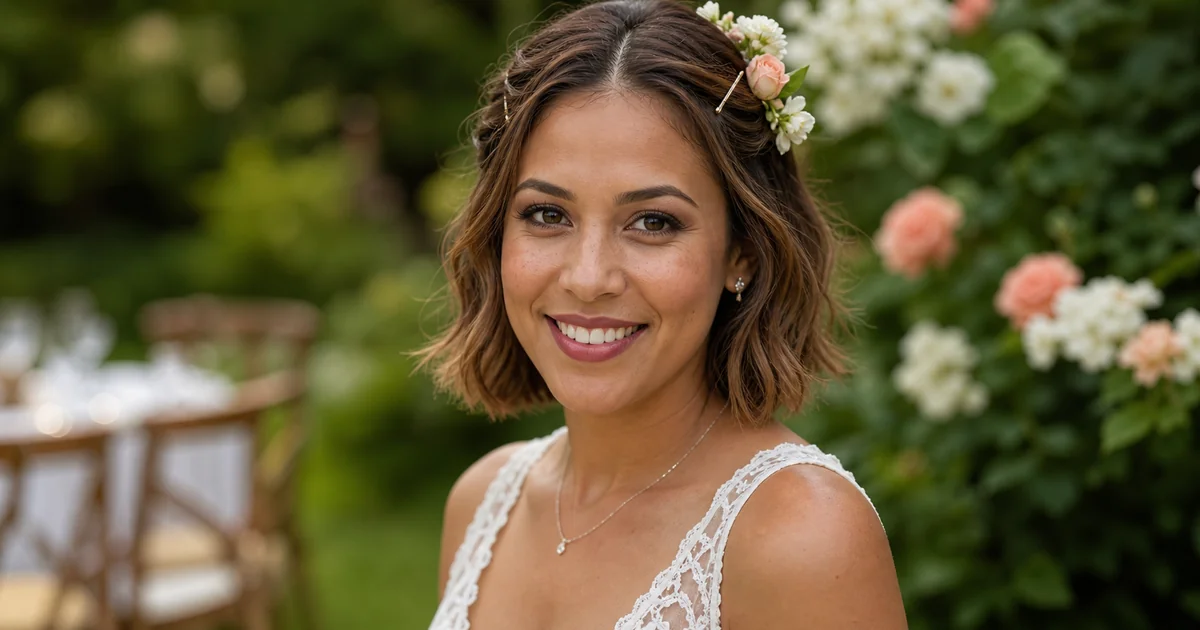 Short hair with flower pin — one of 8 boho wedding hairstyles for short hair