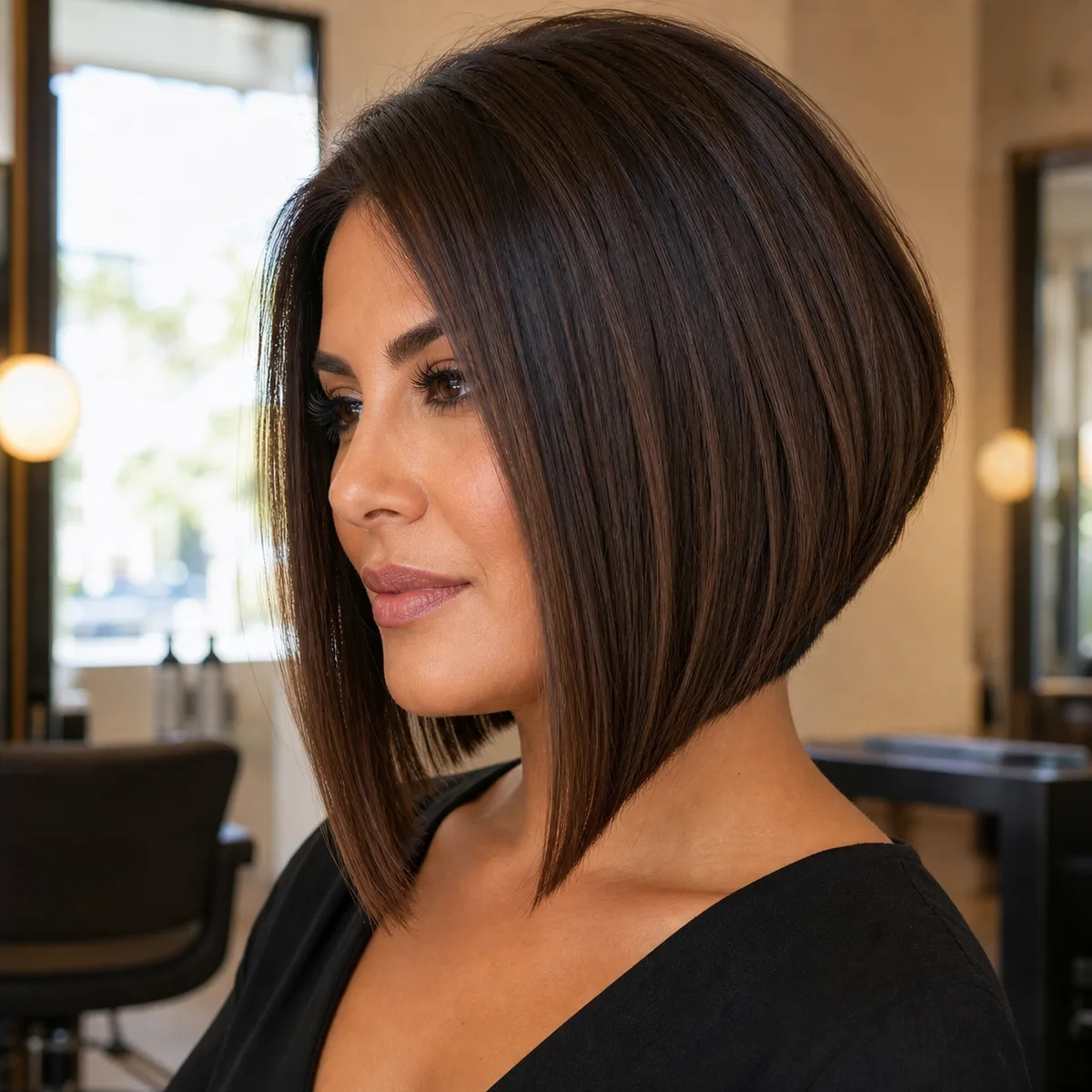 Angled bob haircut longer in front for round face slimming