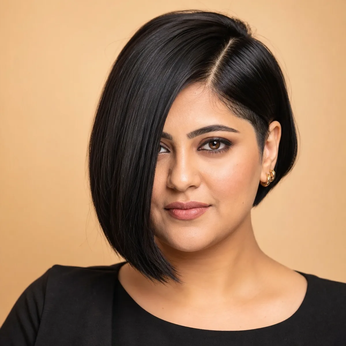 Asymmetrical bob with deep side part for round face definition