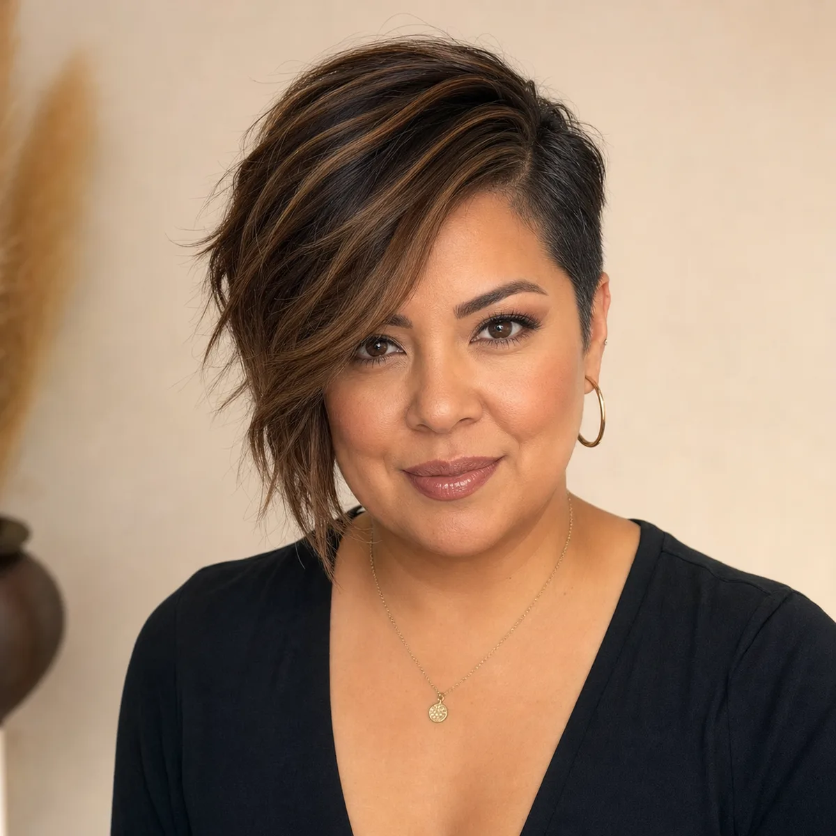 Asymmetrical pixie cut with deep side part for round face definition