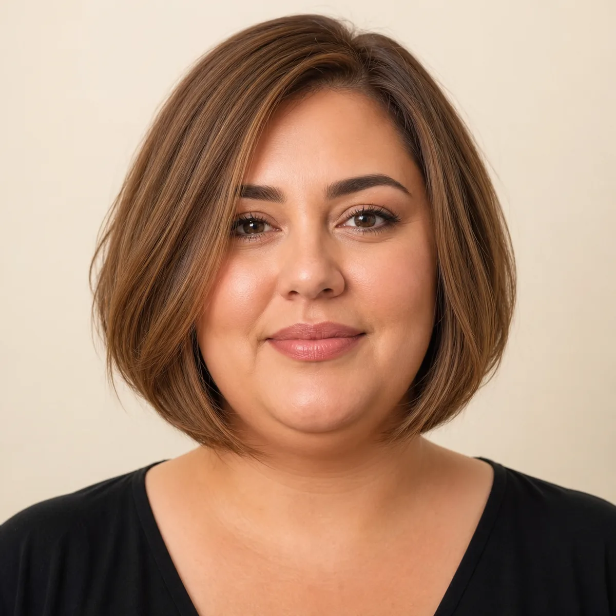 Chin-length crop haircut for round face with fuller jawline