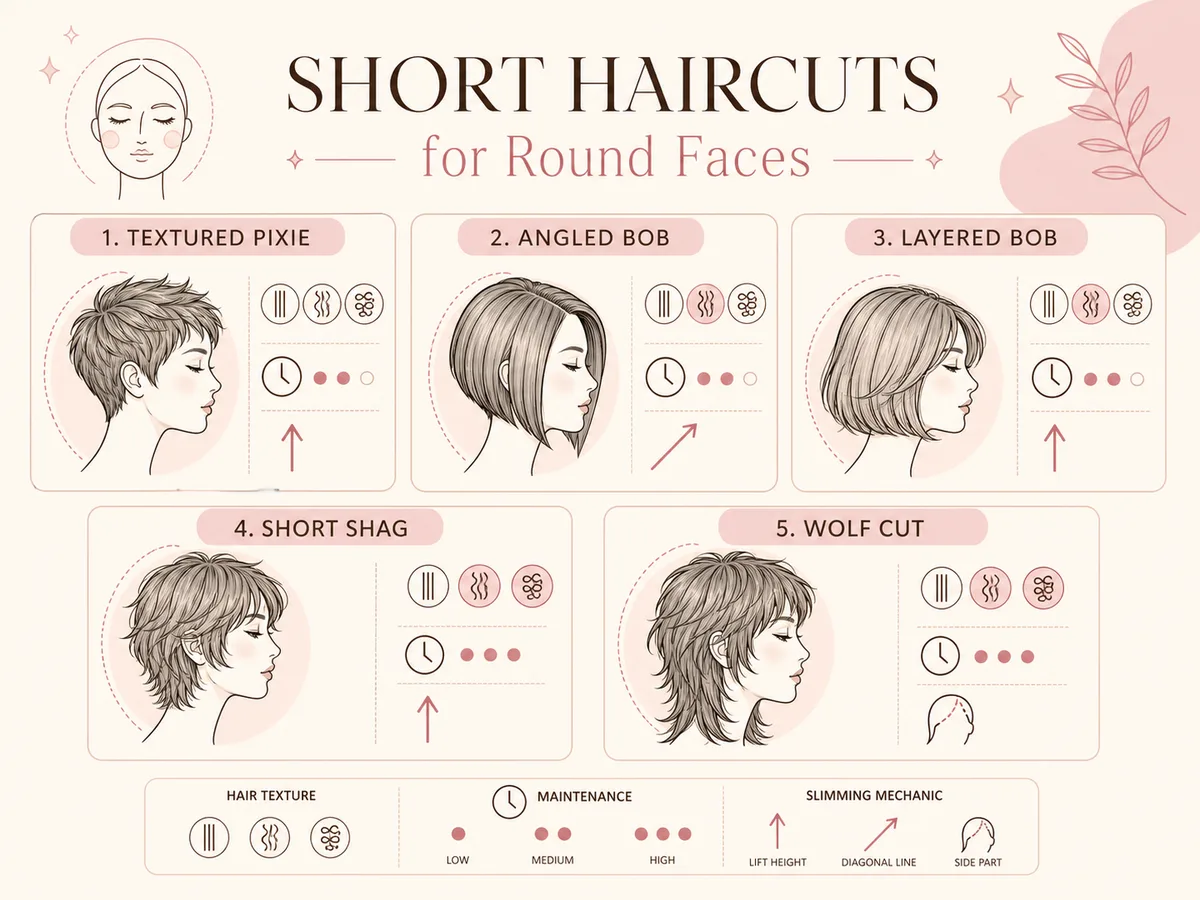 Short haircut comparison chart for round faces — cut type, texture, maintenance, and slimming effect
