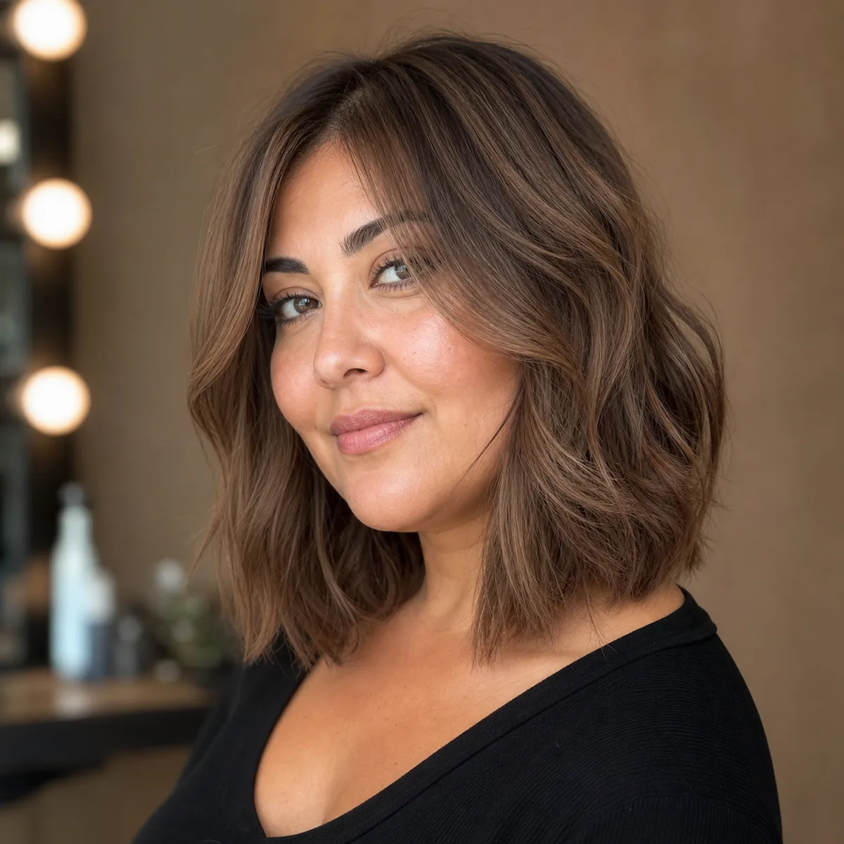 Layered bob with face-framing pieces styled and unstyled on round face