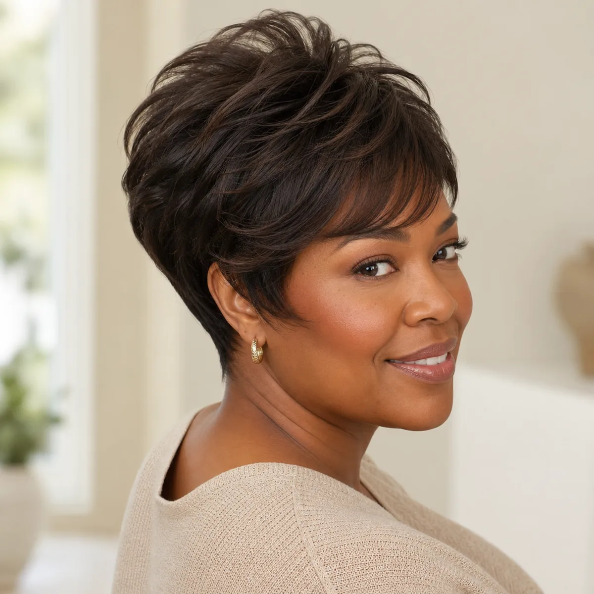 Long pixie cut with crown volume for round face lifting effect