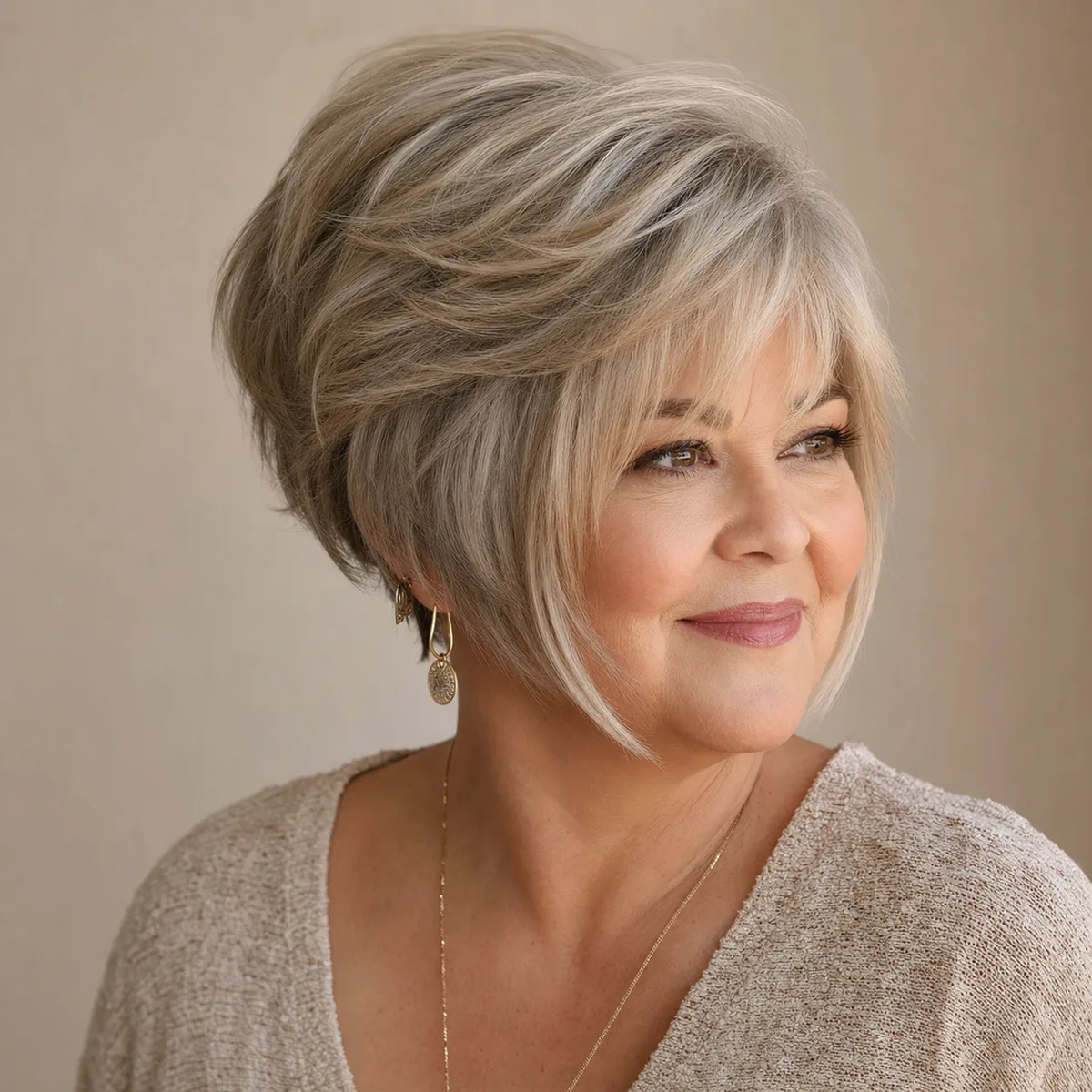 Softly layered pixie-bob haircut for women over 40 with round faces
