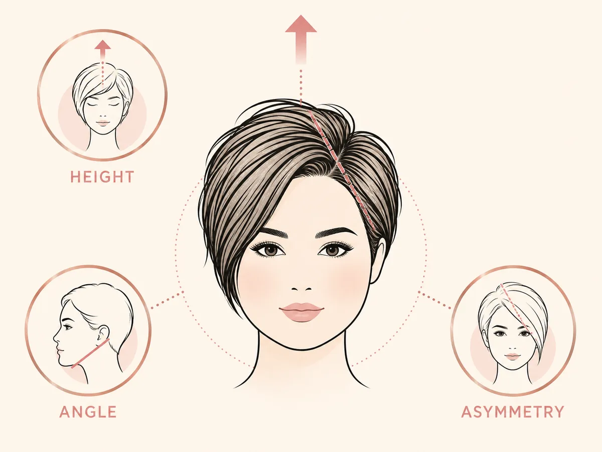 Round face diagram showing how height, angles, and asymmetry create a slimming effect