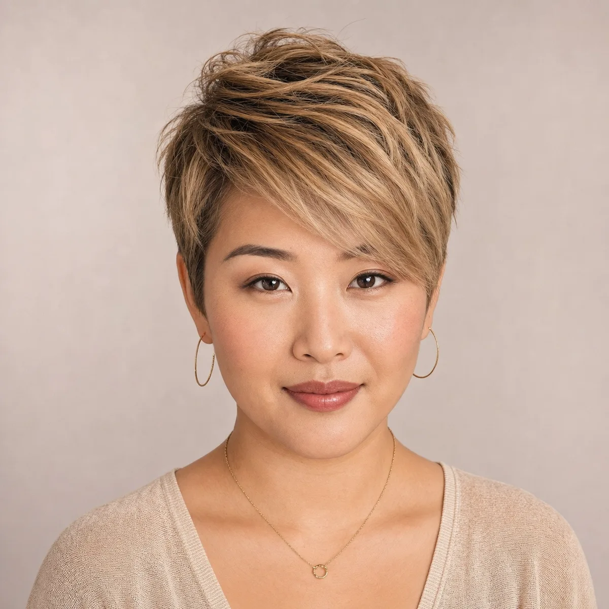 Textured pixie cut with side-swept bangs for round face styling