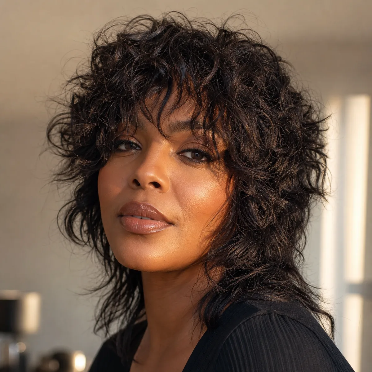 Wolf cut with face-framing layers for round face texture definition