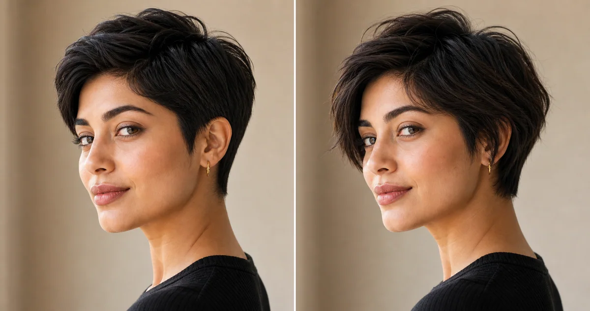 15 Short Haircuts for Thick Hair That Are Actually Easy to Manage 6 Short textured pixie cut for thick hair shown freshly cut and after six weeks of growth.