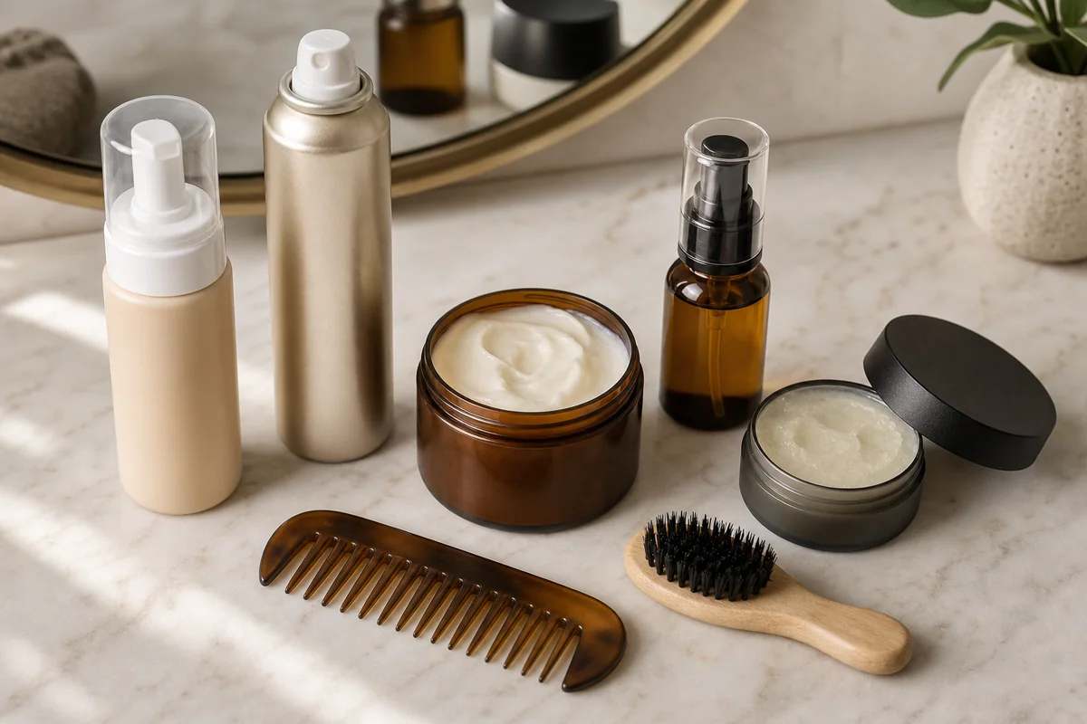 15 Short Haircuts for Thick Hair That Are Actually Easy to Manage 5 Styling products for short thick hair including mousse, texture spray, curl cream, serum, and paste.
