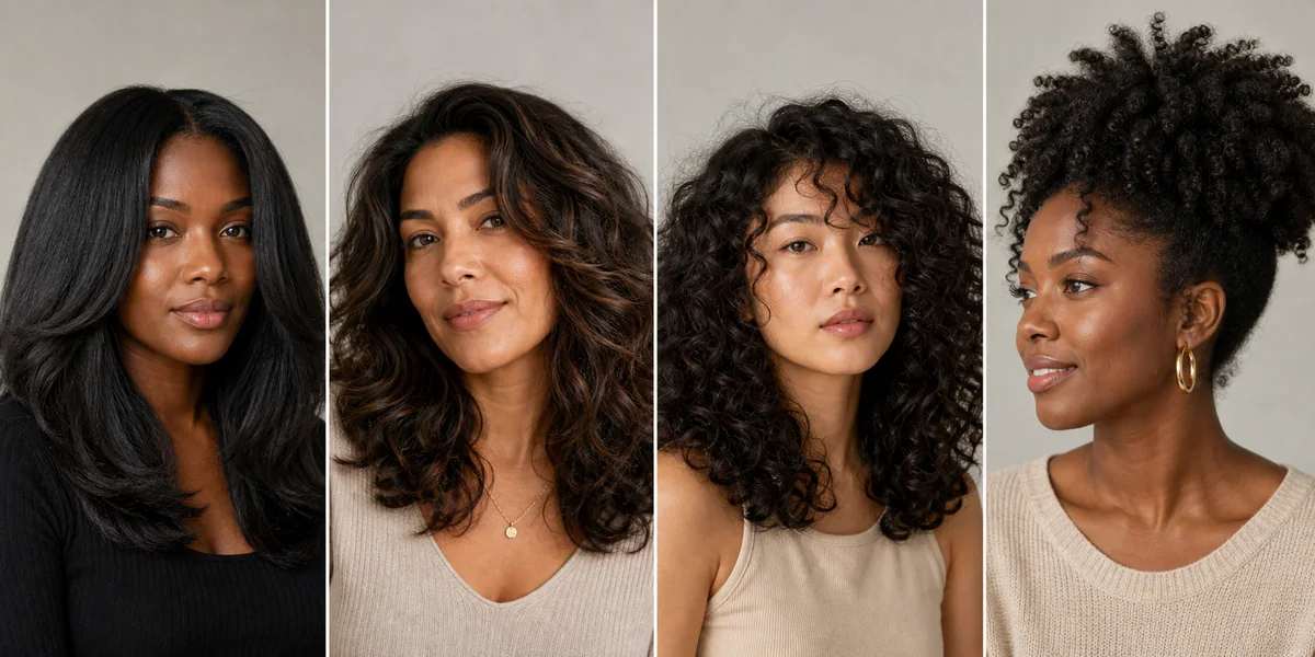 15 Short Haircuts for Thick Hair That Are Actually Easy to Manage 3 Four thick hair texture types: straight, wavy, curly, and coily hair.