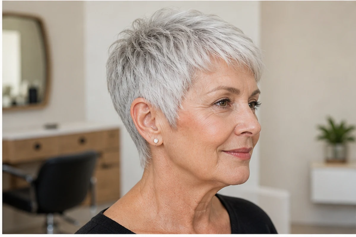 silver pixie cut for women over 50 with grey hair