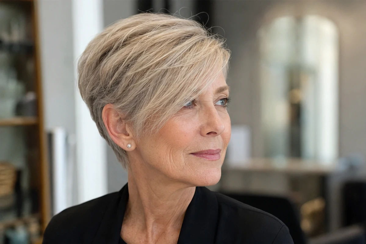 side-swept crop for women over 50 with fine hair