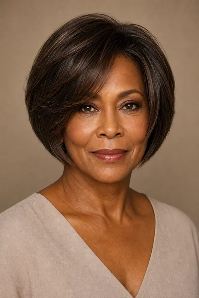 Woman over 50 with a short layered bob and soft face-framing pieces angled toward the cheekbone from the front