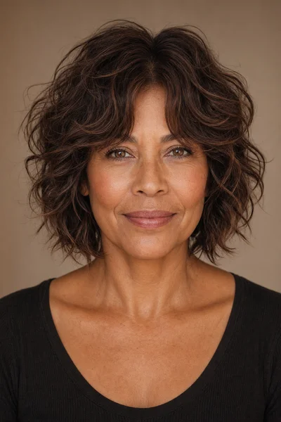 Woman over 50 with naturally wavy hair in a short shag cut with curtain bangs parted down the middle