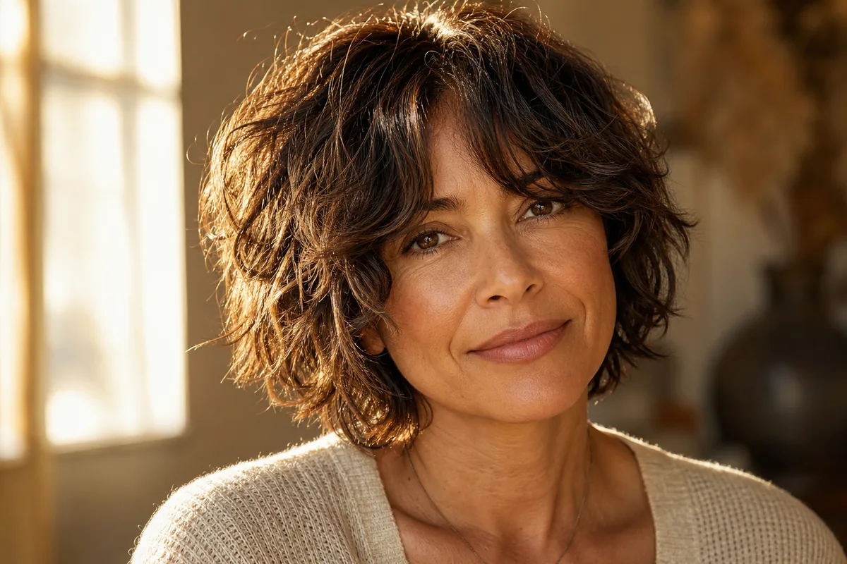 Short shag with curtain fringe haircut for women over 40