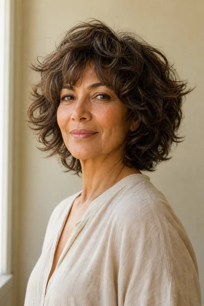 Short shag with heavy layers on thick wavy hair — textured short haircut for women over 50