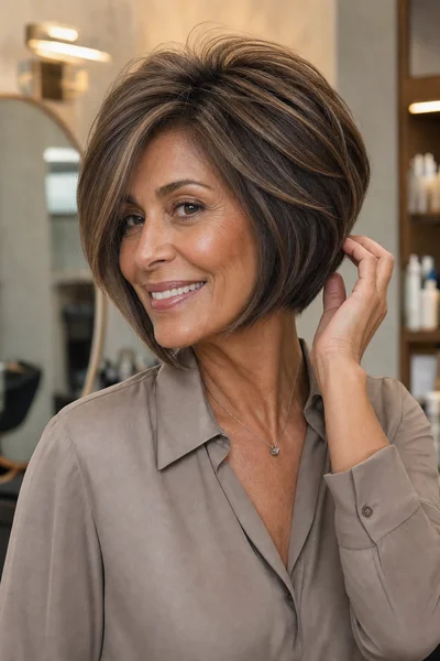 short stacked bob with graduated layers for fine hair — back stacking creates fullness on fine density