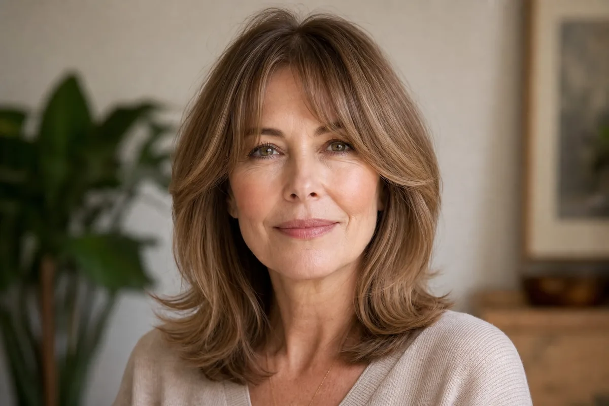 Shoulder-length cut with curtain bangs medium-length haircut for women over 40