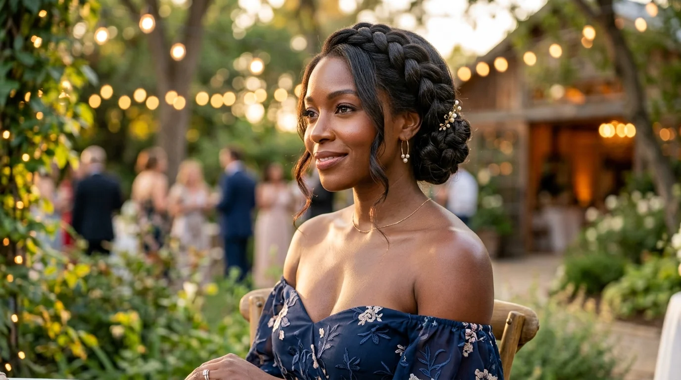 Side braided updo hairstyle gathered over one shoulder for a wedding guest
