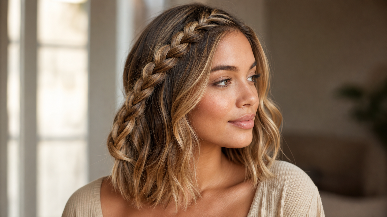 Side Dutch braid hairstyle on shoulder-length wavy hair — flattering for round and heart-shaped faces