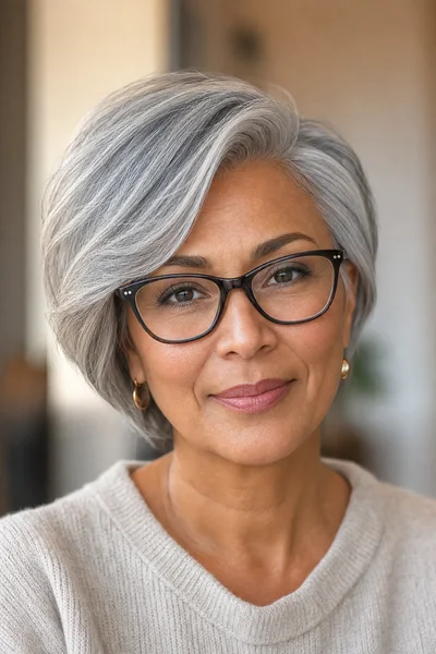 side-parted gray bob haircut for glasses wearers — swept section sits above brow, keeps hair clear