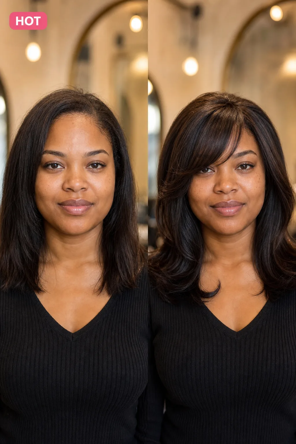 Before and after showing side-swept bangs styled with hair topper to soften square face shape.