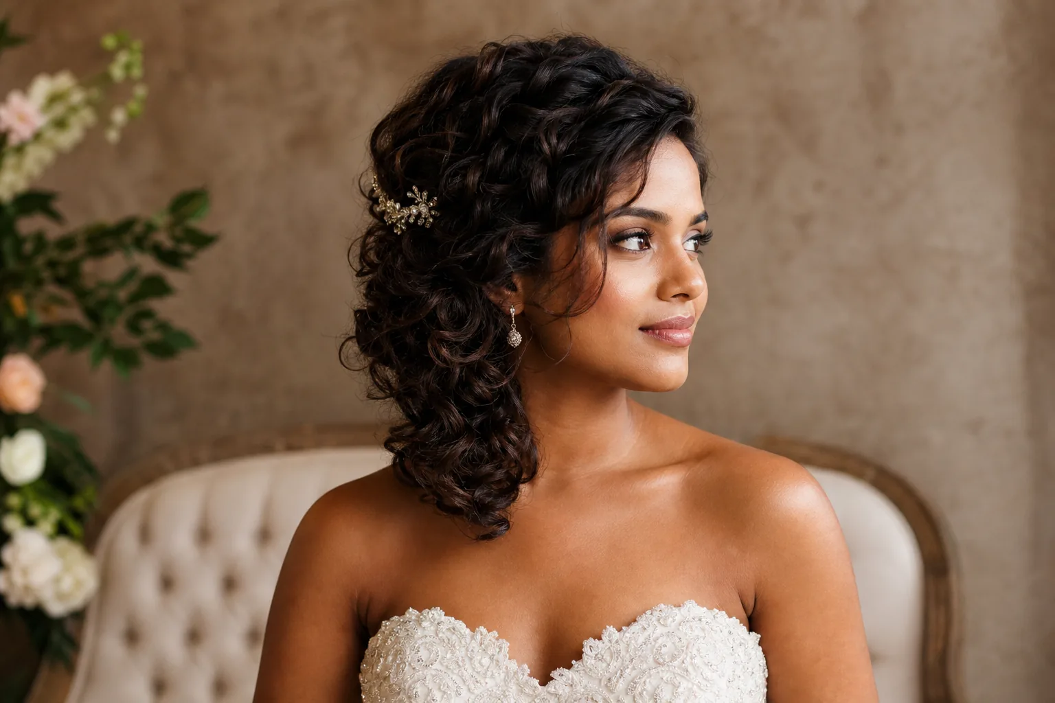 Side-swept curls wedding hairstyle for short hair, asymmetric styling, volume at crown