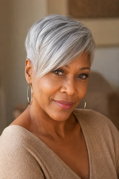 12 Short Gray Pixie Cuts for Women Over 50 10 Side-swept gray pixie cut with asymmetrical fringe for round face shape