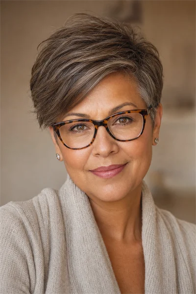25 Flattering Short Haircuts for Women Over 50 Round Faces 9 Side-swept pixie for glasses wearers — short haircut for round-faced women over 50
