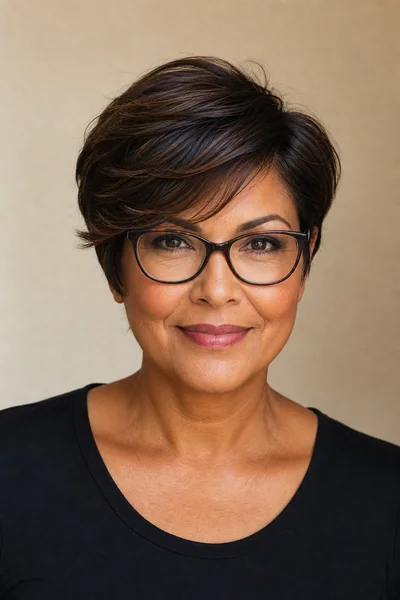 Woman over 50 wearing glasses with a side-swept pixie cut and soft bangs positioned above the frame line