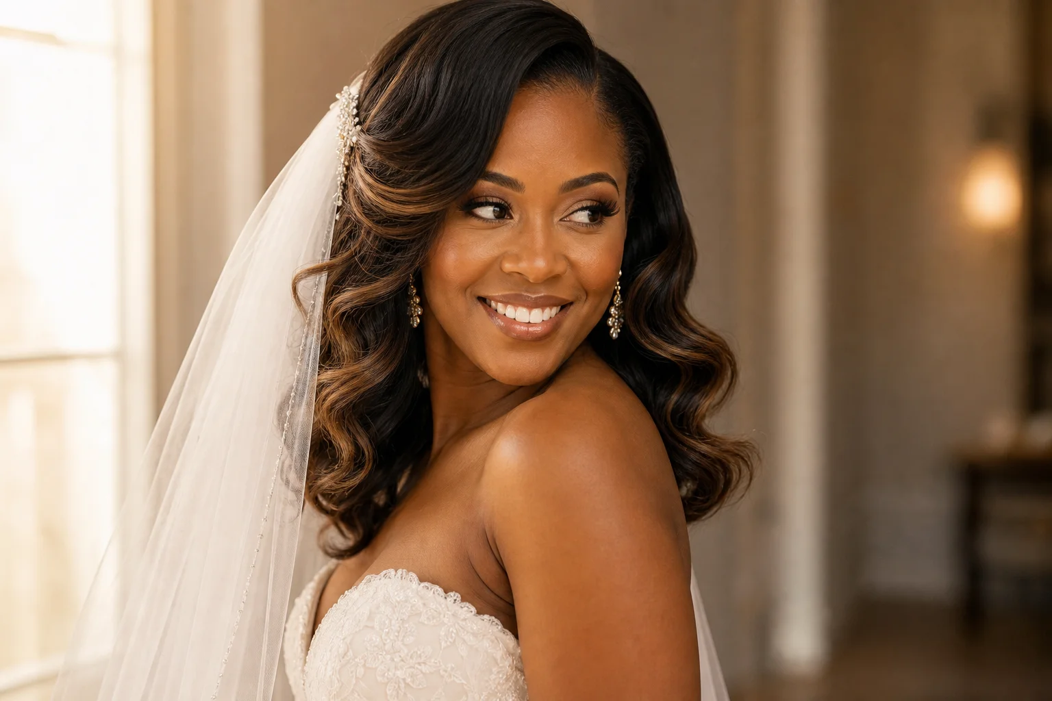 18 Wedding Hairstyles With a Veil You'll Fall in Love With 12 Loose waves side-swept veil wedding hairstyle for round and square face shapes