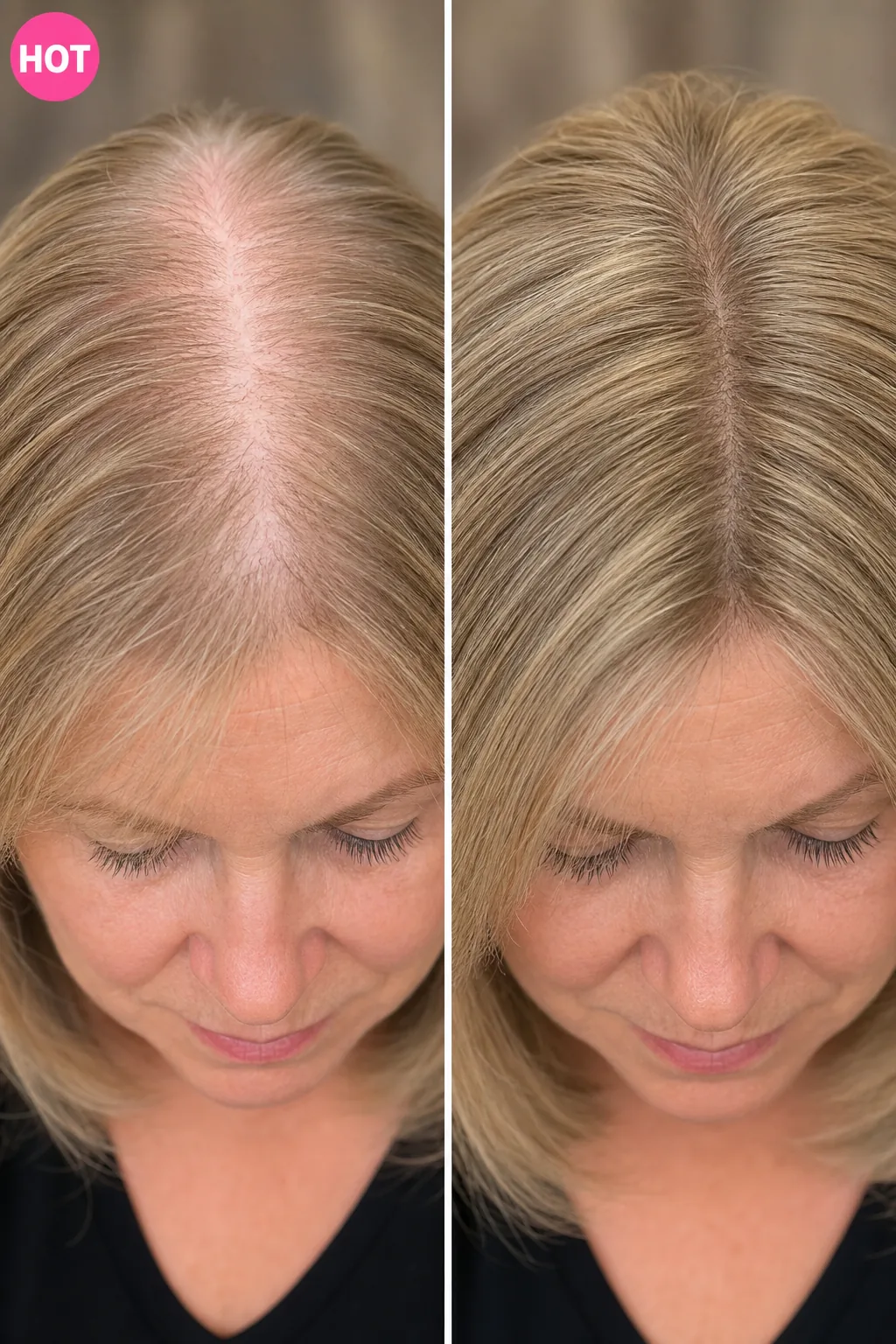 Close-up before and after showing how silk-base hair topper creates seamless natural part line.