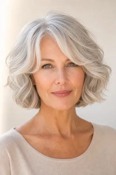17 Short Haircuts for Women Over 50 With Wavy Hair That Look Effortless 12 silver wavy bob with soft curtain bangs for women over 50