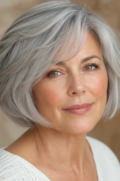 Silver bob with soft layers for gray hair over 50 — blended layers on fully silver hair catch light naturally